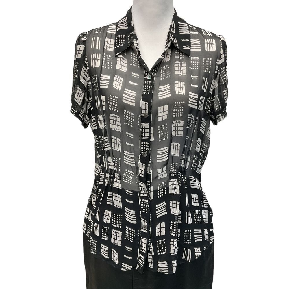 The Limited Womens Sheer Button Up Blouse Size L Short Sleeve Top Black White